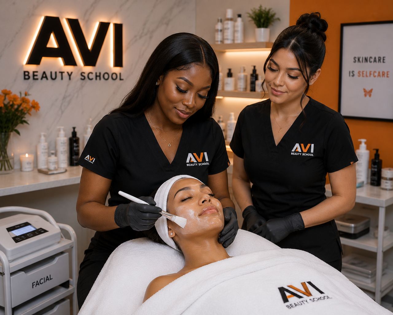 Esthetics student performing facial at AVI