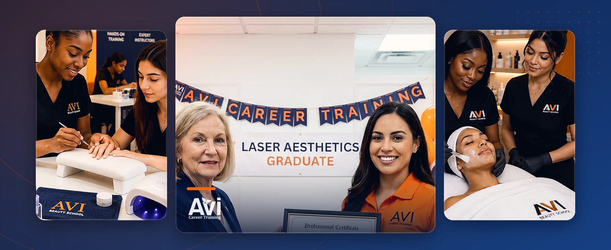 AVI students in nail technology and esthetics training, and a laser aesthetics graduate at her AVI graduation